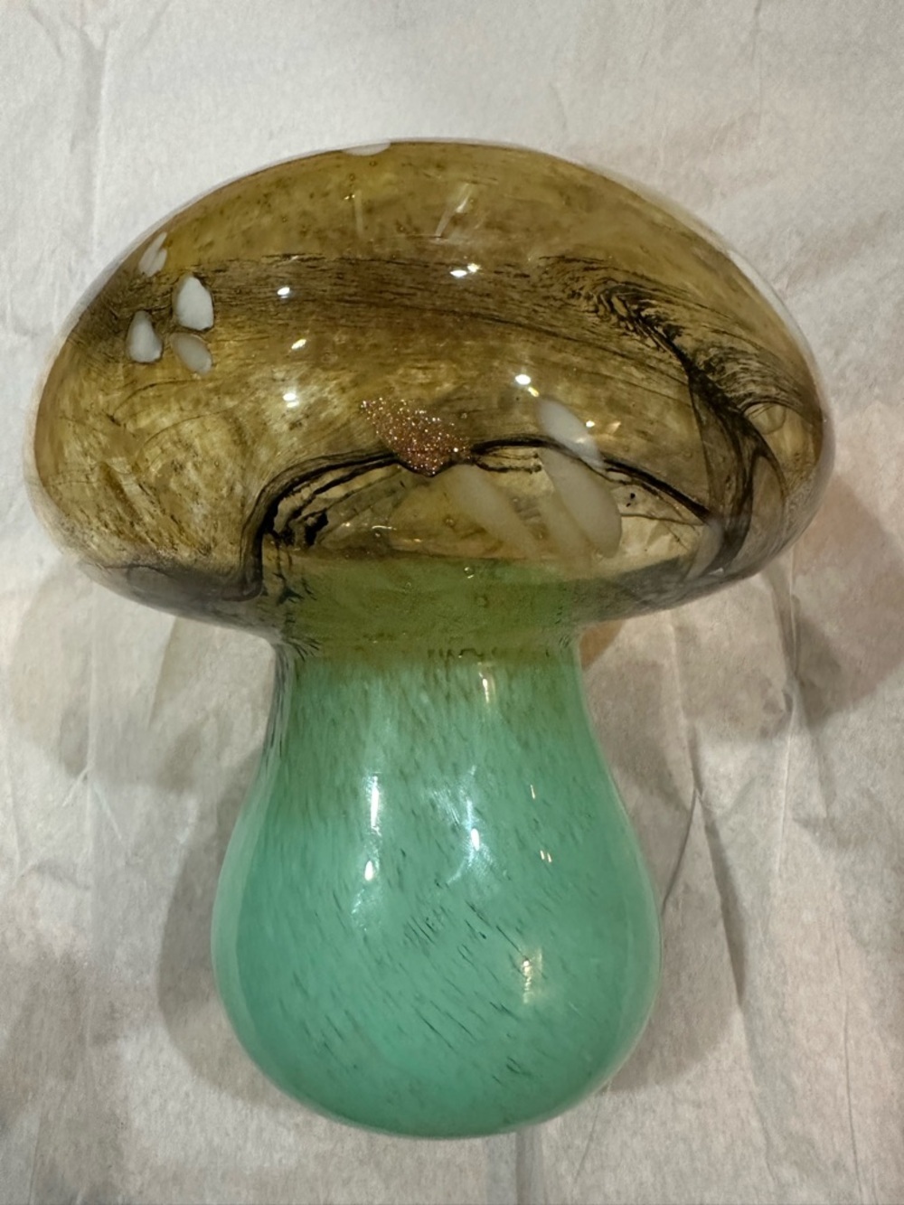 Hand Blown Art Glass Mushroom Sculpture Amber White SpeckledCap Aqua StemDecor